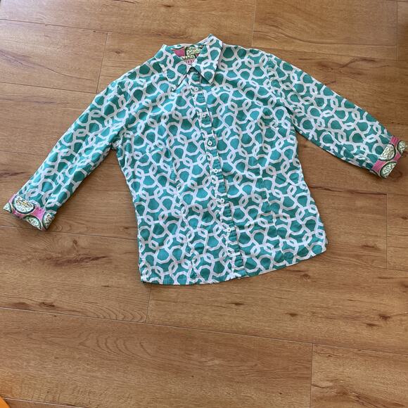 Tizzie button down shirt Bright Geometric Link Reversible Cuff Teal White M - Picture 1 of 11